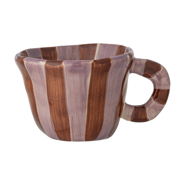 Nini Brown Striped Stoneware Cup 110ml, small ceramic cup with hand-painted brown and lilac vertical stripes and a chunky loop handle, shown on a plain white background.