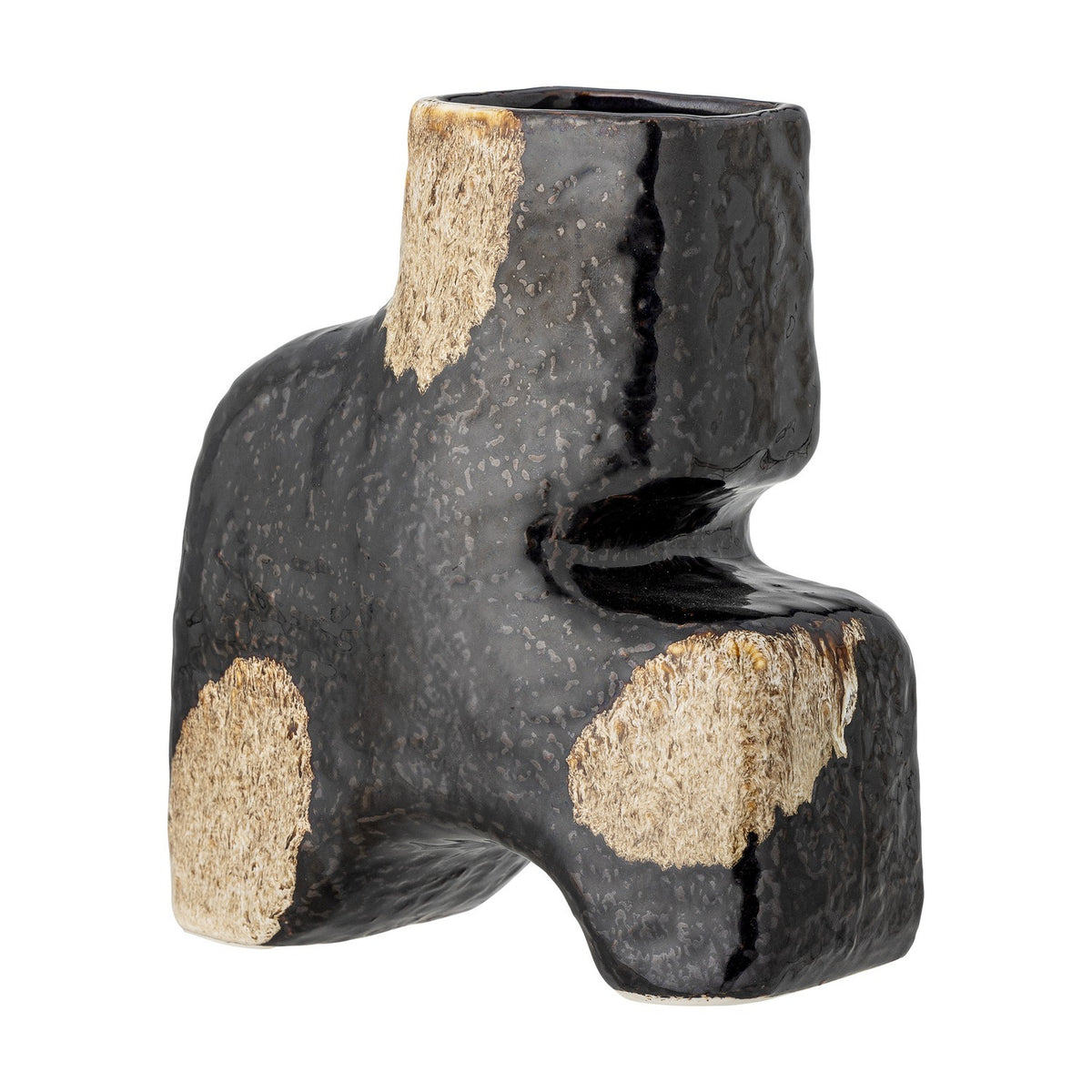 Ollia Stoneware Vase 20cm in Black, a sculptural ceramic vase with a slim upright neck, notched side, and arched twin-foot base, glossy black finish with rough tan patches, on a white background.