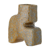 Ollia Stoneware Vase 20cm in Brown, a sculptural stepped form with tall squared neck, notched side, and arched base, finished in glossy mottled brown glaze on a plain white background.