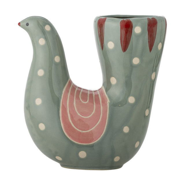Trudy Bird Stoneware Vase in green, 19cm, with a curved neck, small painted head, polka-dot body, and a pink wing-shaped design, shown on a plain white background.