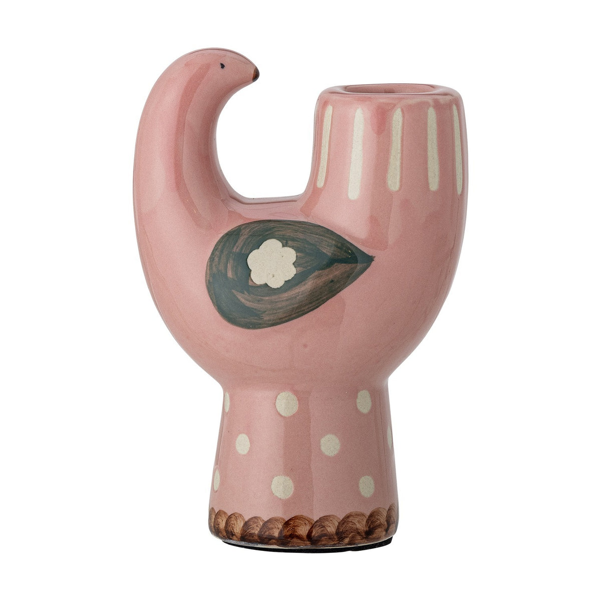 Trudy Bird Stoneware Candle Holder in pink, shaped like a bird with curved head and neck, striped cup for a taper candle, teardrop pattern and polka-dot base, on a plain white background.