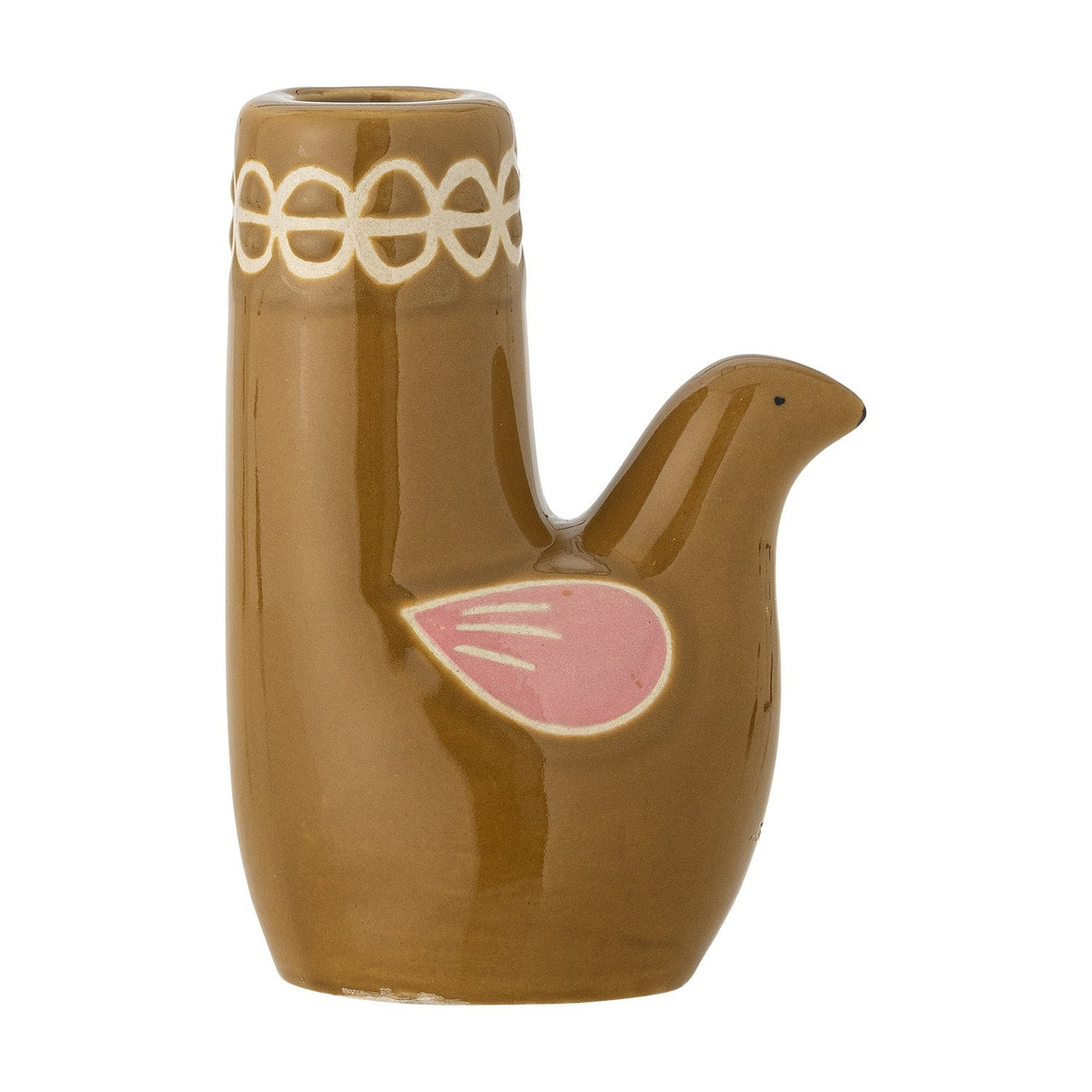 Trudy Bird Stoneware Candle Holder in glossy brown, bird-shaped with painted wing and eye, loop pattern around the rim, on a plain white background.