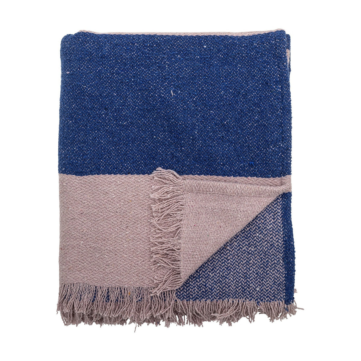 Cadeo Cotton Throw in blue, folded with a contrasting pale taupe band and fringed edges, shown against a plain white background.