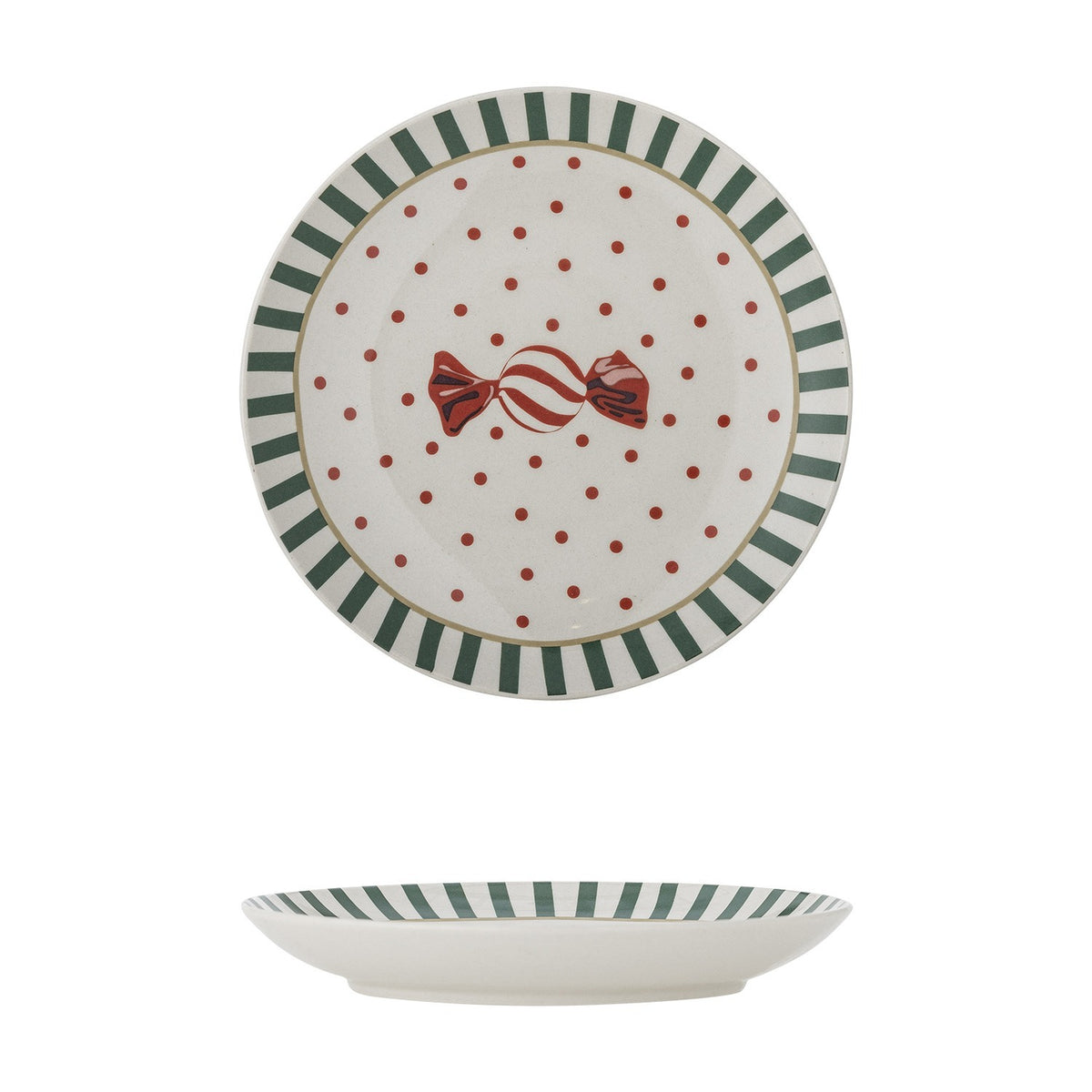 Yule Striped Stoneware Christmas Plate in multicoloured ceramic, shown front and side, with a green striped rim, red polka dots and a wrapped sweet design, on a white background.