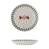 Yule Striped Stoneware Christmas Plate in multicoloured ceramic, shown front and side, with a green striped rim, red polka dots and a wrapped sweet design, on a white background.