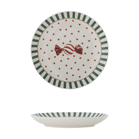 Yule Striped Stoneware Christmas Plate in multicoloured ceramic, shown front and side, with a green striped rim, red polka dots and a wrapped sweet design, on a white background.
