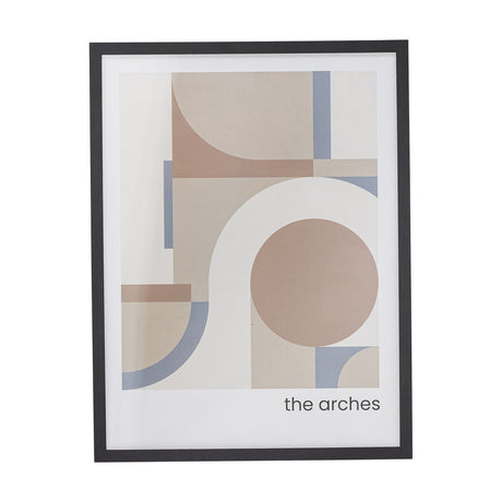 Arches Geometric Wooden Framed Print in black frame, showing overlapping arches, curves and a large circle in soft beige, pink and blue tones with "the arches" text, on a plain white background.