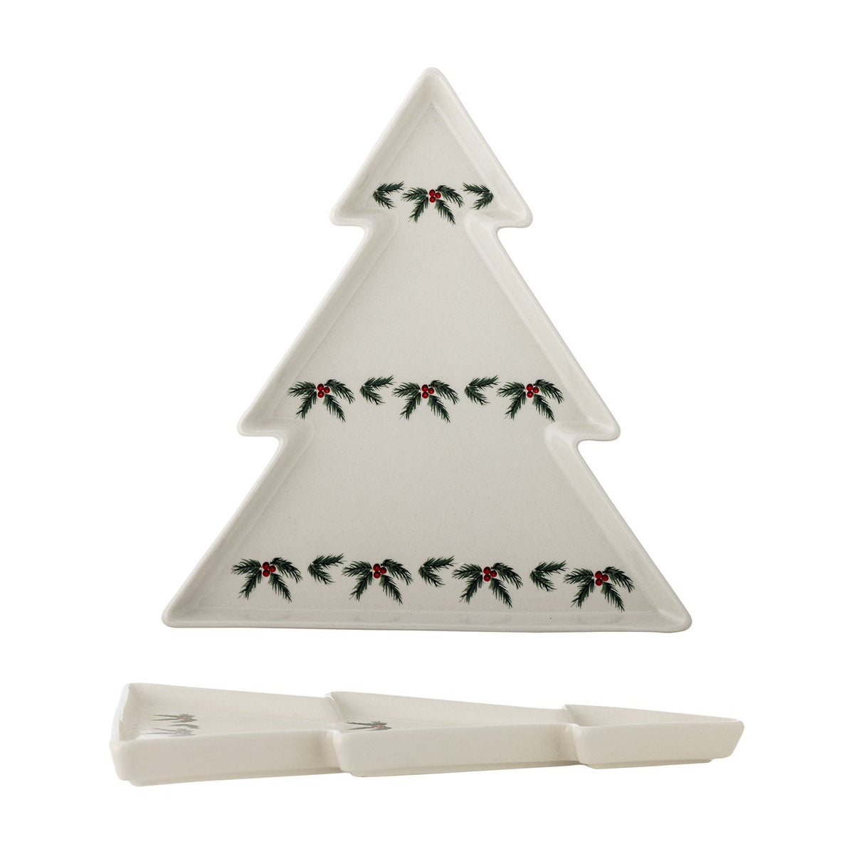 White Berry Stoneware Christmas Platter, a tree-shaped three-tiered ceramic serving plate edged with holly and berries, shown with a matching rectangular divided tray on a white background.