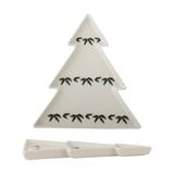 White Berry Stoneware Christmas Platter, a tree-shaped three-tiered ceramic serving plate edged with holly and berries, shown with a matching rectangular divided tray on a white background.