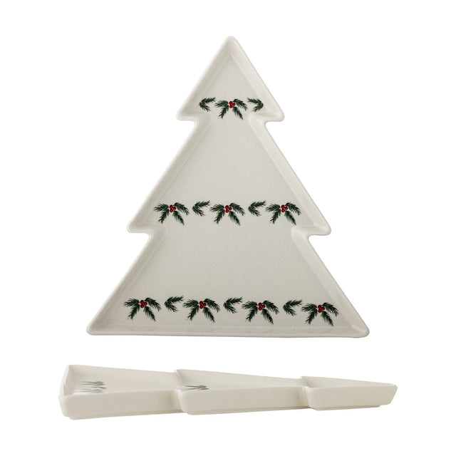 White Berry Stoneware Christmas Platter, a tree-shaped three-tiered ceramic serving plate edged with holly and berries, shown with a matching rectangular divided tray on a white background.