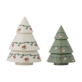 Set of two tiered, tree-shaped Yule stoneware Christmas ornaments in cream and sage green, painted with fir garlands and tiny drum, heart and bird motifs.