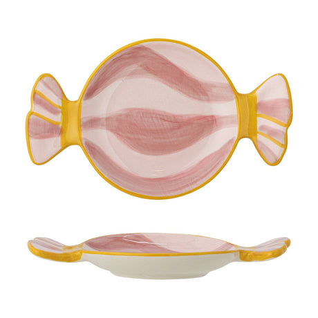 Caramella Wrapped Sweet stoneware platter shaped like a wrapped candy, with pink swirl patterns and yellow-rimmed edges, shown from top and side views on a white background.