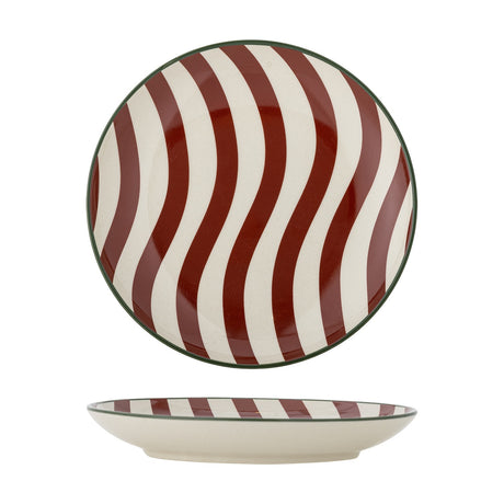 Jolly Striped Stoneware Christmas Plate in multi-coloured red and cream wavy stripes with a thin green rim line, shown front-facing and side-on against a white background.