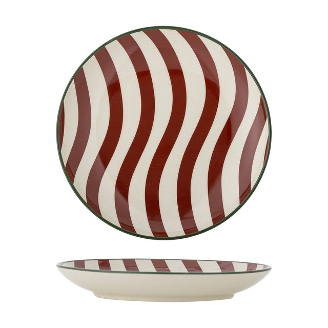 Jolly Striped Stoneware Christmas Plate in multi-coloured red and cream wavy stripes with a thin green rim line, shown front-facing and side-on against a white background.