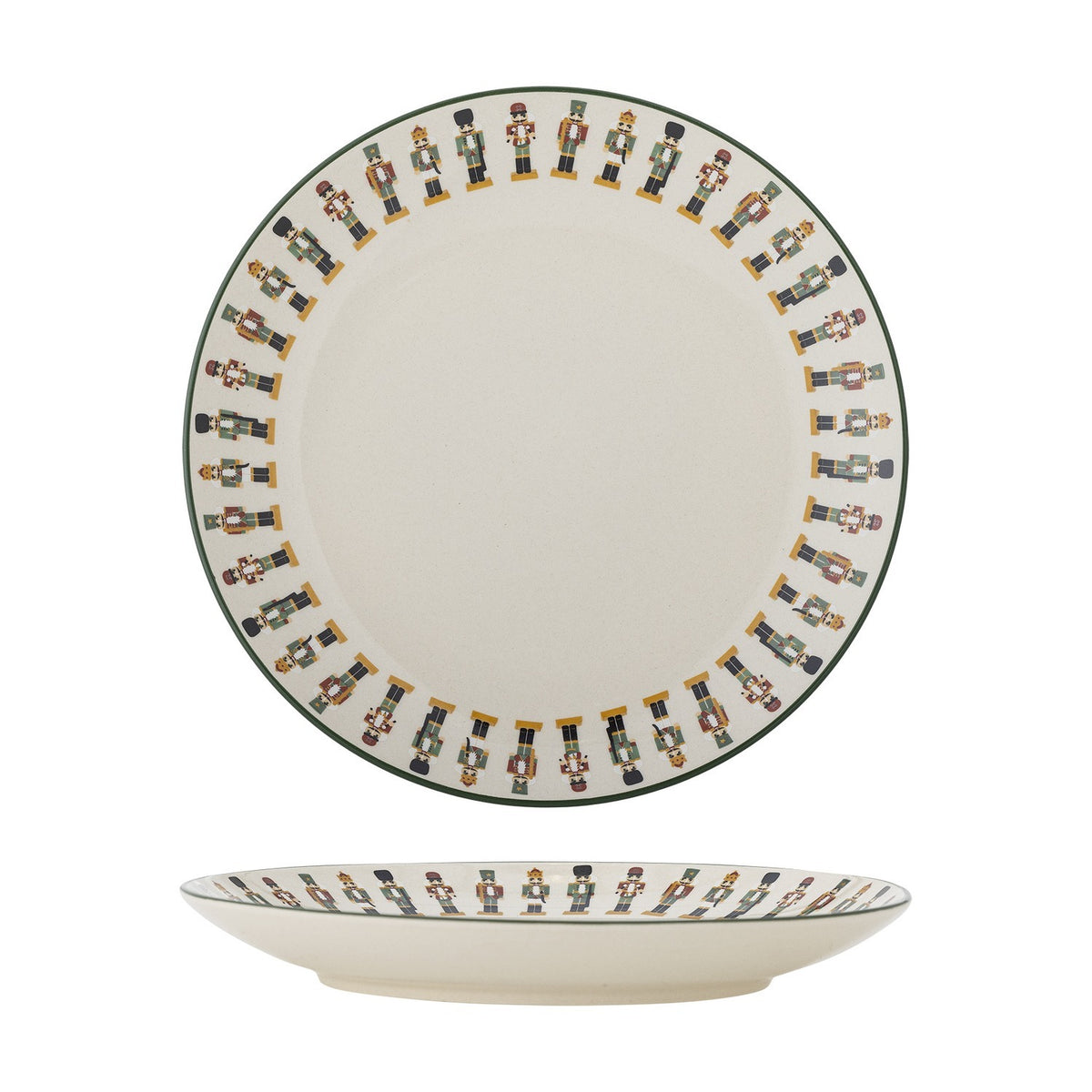 Jolly Stoneware Christmas Side Plate in cream with a rim of marching nutcracker soldiers, shown front-on and in profile on a white background.