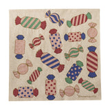 Caramella paper Christmas napkins in a 33cm square, printed with multicoloured wrapped sweets in stripes, swirls and spots, shown flat on a plain background, pack of 20.