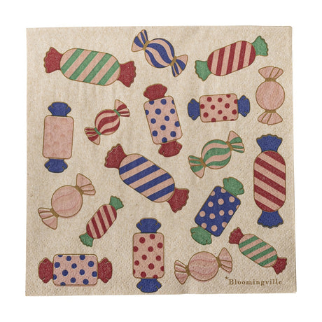 Caramella paper Christmas napkins in a 33cm square, printed with multicoloured wrapped sweets in stripes, swirls and spots, shown flat on a plain background, pack of 20.
