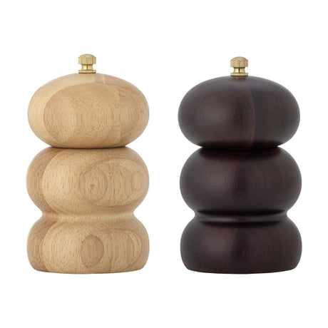 Marge Wooden Salt & Pepper Grinders Set of 2, rubberwood with rounded three-tier bodies and brass ridged knobs, one natural light wood and one dark brown, on a white background.