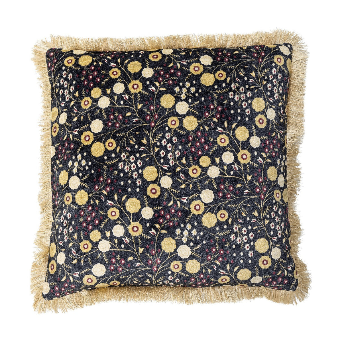 Eydis Floral Cushion in Multi, a square fabric cushion with a dense floral print in yellow, white and burgundy on navy, finished with cream fringe trim on all sides, shown on a white background.