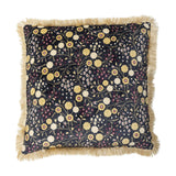 Eydis Floral Cushion in Multi, a square fabric cushion with a dense floral print in yellow, white and burgundy on navy, finished with cream fringe trim on all sides, shown on a white background.