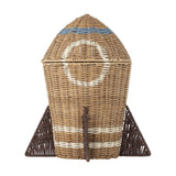 Space Rocket Rattan Basket with Lid in natural woven rattan, shaped with pointed nose, rounded body, porthole ring and triangular base fins, on a white background.