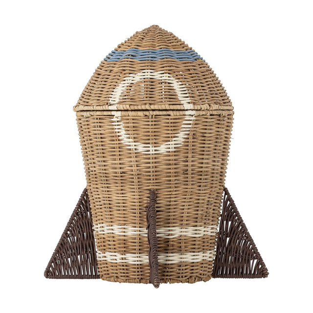 Space Rocket Rattan Basket with Lid in natural woven rattan, shaped with pointed nose, rounded body, porthole ring and triangular base fins, on a white background.