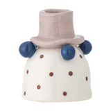 Tacana Dotted Stoneware Candle Holder shaped like a bell-based figure with a pink top-hat socket, navy bead trims, and brown polka dots, on a white background.