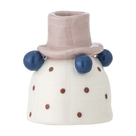 Tacana Dotted Stoneware Candle Holder shaped like a bell-based figure with a pink top-hat socket, navy bead trims, and brown polka dots, on a white background.