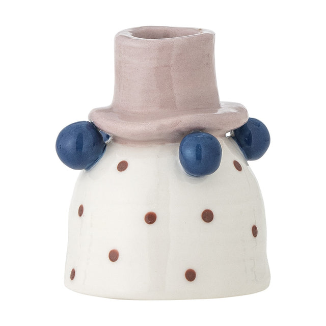 Tacana Dotted Stoneware Candle Holder shaped like a bell-based figure with a pink top-hat socket, navy bead trims, and brown polka dots, on a white background.