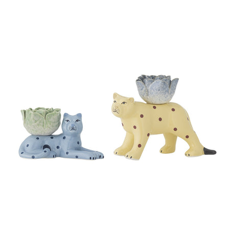Rory Cat Stoneware Candle Holders set of 2, blue spotted cat lying down with a green petal cup and yellow spotted cat standing with a grey petal cup, on a white background.