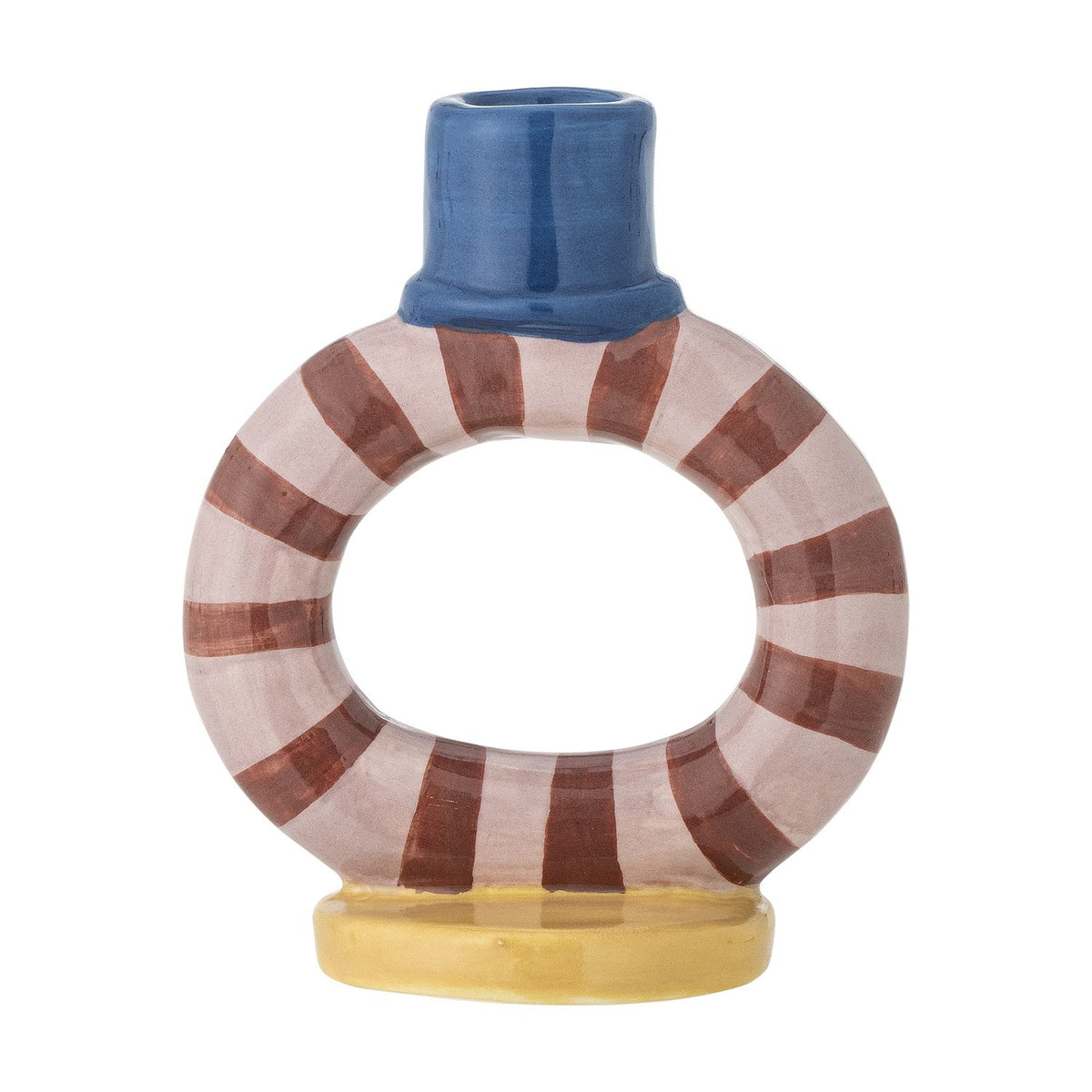 Tacana Striped Stoneware Candle Holder 12cm in an open ring shape with brown and cream stripes, a blue cylindrical candle socket, and a yellow round base, on a white background.