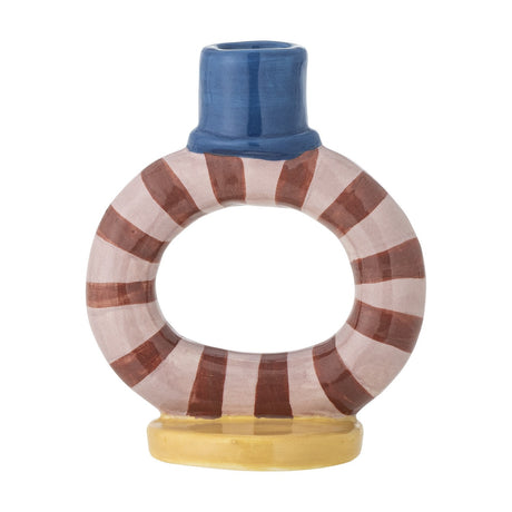 Tacana Striped Stoneware Candle Holder 12cm in an open ring shape with brown and cream stripes, a blue cylindrical candle socket, and a yellow round base, on a white background.
