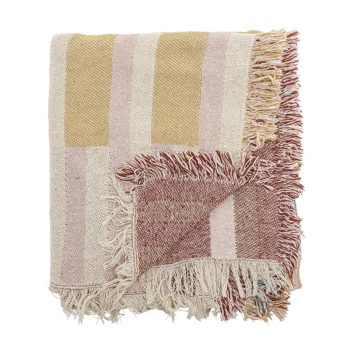 Folded woven cotton-blend throw in Multi with mustard, pink and cream stripes on one side, burgundy block stripes on the reverse, and loose fringed edges.