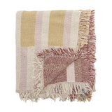Folded woven cotton-blend throw in Multi with mustard, pink and cream stripes on one side, burgundy block stripes on the reverse, and loose fringed edges.