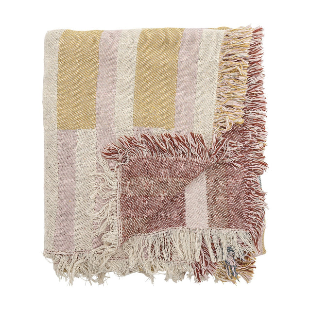 Folded woven cotton-blend throw in Multi with mustard, pink and cream stripes on one side, burgundy block stripes on the reverse, and loose fringed edges.
