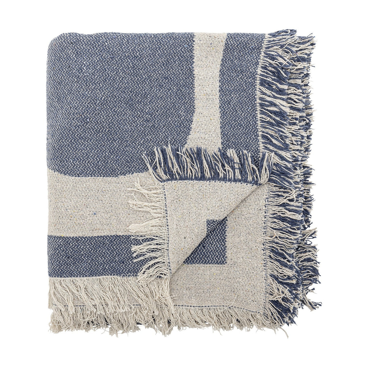 Ethan Cotton Throw in blue, folded to show its bold two-tone graphic pattern and loose fringed edges, cotton-blend fabric, shown on a plain white background.