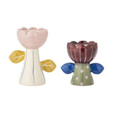 Set of 2 Florita handpainted ceramic flower tealight and candle holders with scalloped petals, leaf handles, and striped and polka dot stems in pink, cream, maroon and green.