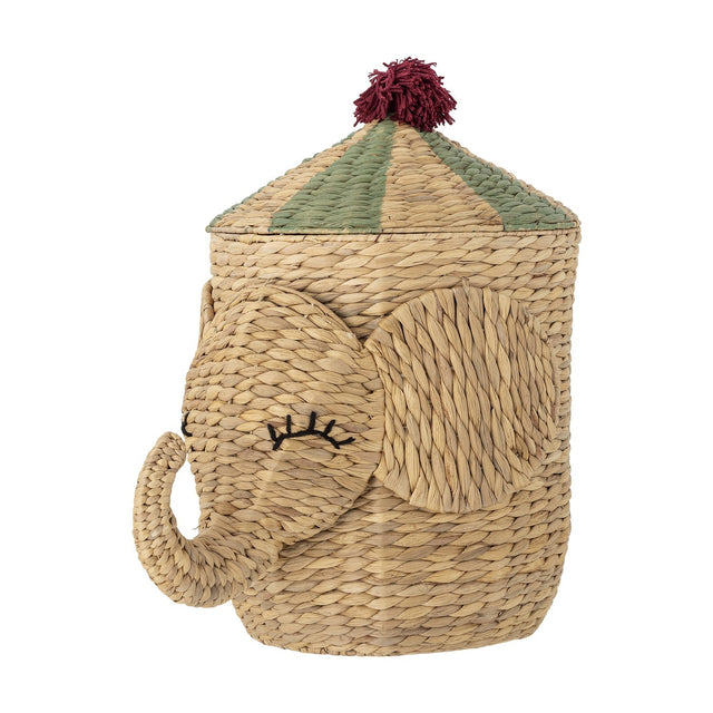 Bobo elephant-shaped water hyacinth storage basket with lid, featuring curled trunk, woven ears, stitched eyelashes, and striped conical lid with burgundy pompom handle.