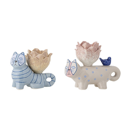 Missy Cat Stoneware Candle Holders, set of two, with blue striped and beige spotted cats each bearing a flower-shaped candle cup, one with a small bird accent, on a white background.