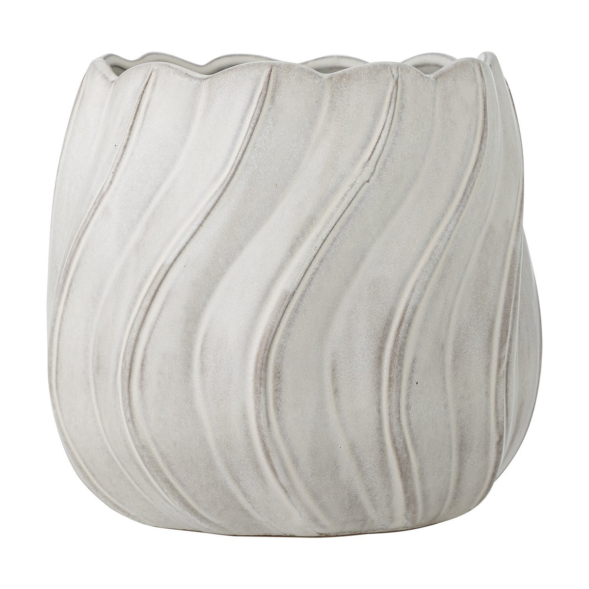 Isidora Wavy Stoneware Plant Pot in white, featuring a scalloped rim and deep diagonal wave texture, shown on a plain white background.