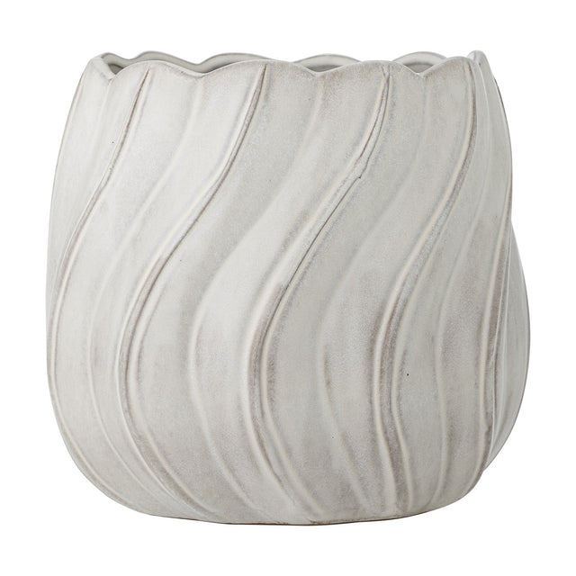 Isidora Wavy Stoneware Plant Pot in white, featuring a scalloped rim and deep diagonal wave texture, shown on a plain white background.