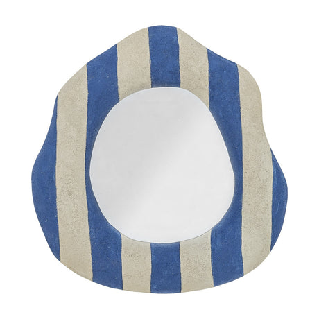 Travis Striped Resin Wall Mirror 39x38cm in blue and cream, featuring an irregular rounded frame with bold stripes and an organically shaped mirror glass, shown on a white background.