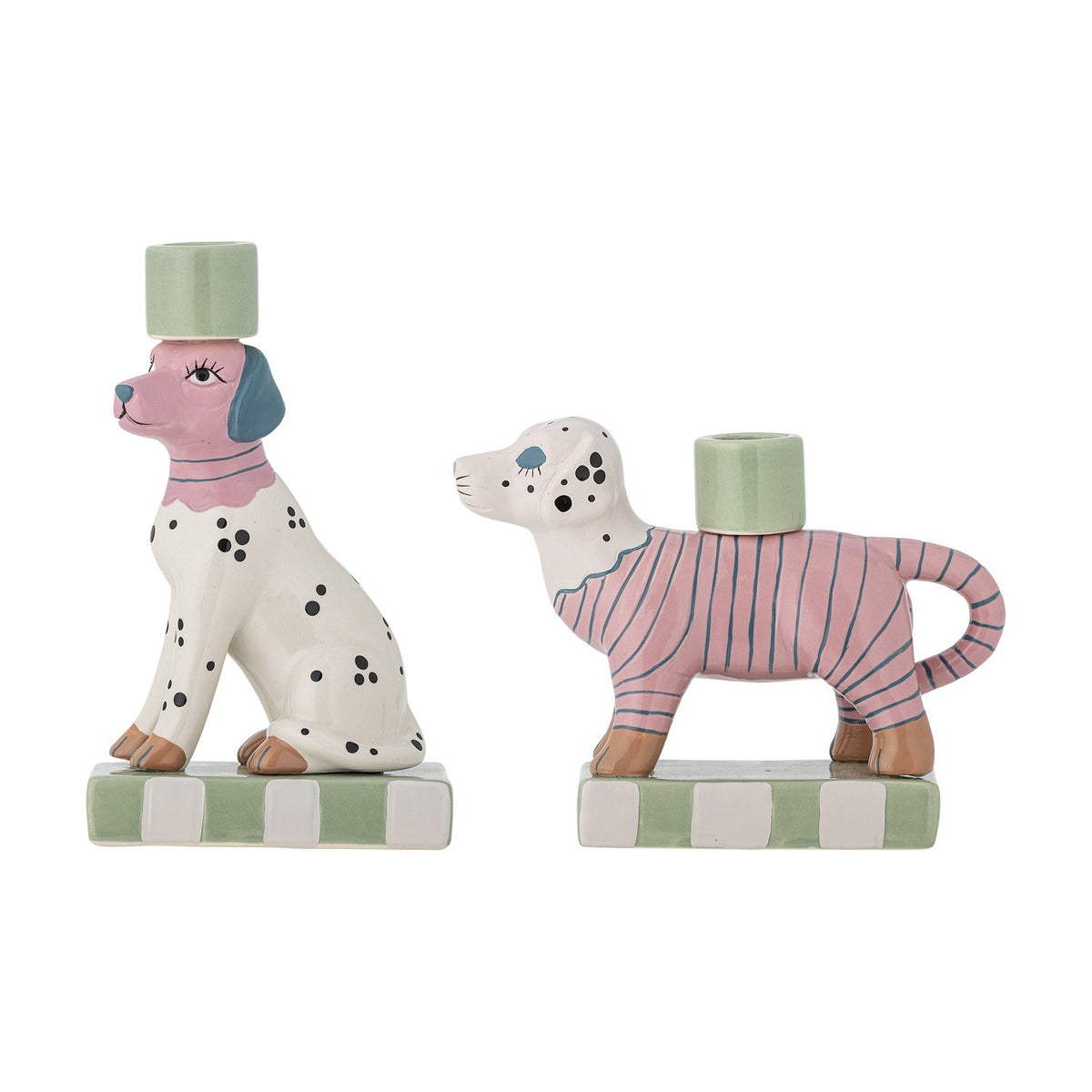 Doglie Striped Stoneware Candle Holders Set of 2 in Pink, featuring sitting and standing spotted dog figures holding cups on checked bases, on a white background.