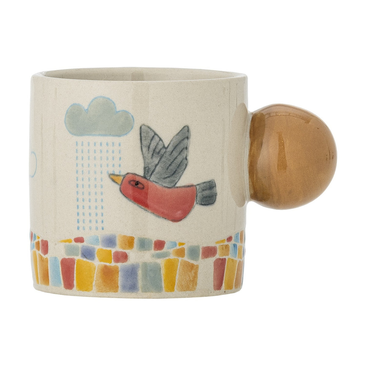 Colorine Stoneware Cup 155ml in multi finish, featuring a round ball handle, a painted red bird under a rain cloud, and a mosaic-patterned base band, shown on a plain white background.