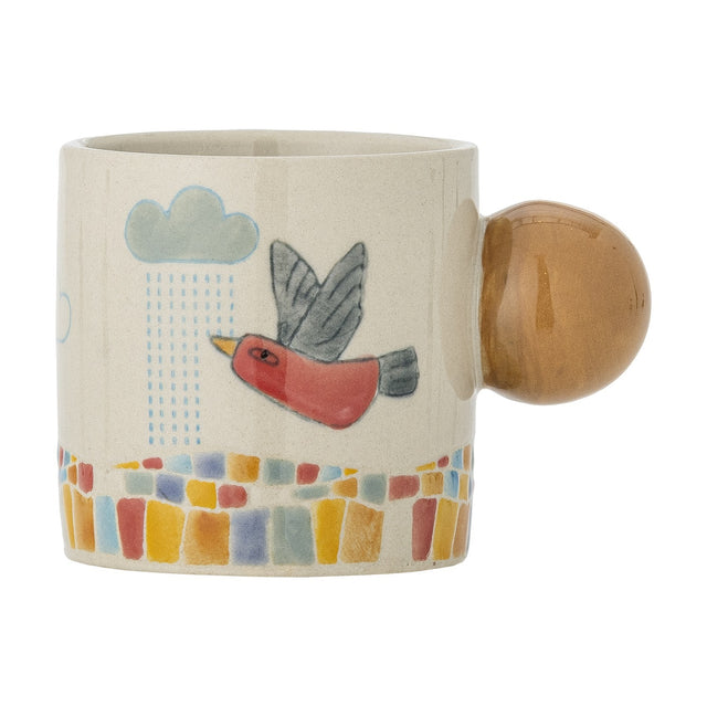 Colorine Stoneware Cup 155ml in multi finish, featuring a round ball handle, a painted red bird under a rain cloud, and a mosaic-patterned base band, shown on a plain white background.