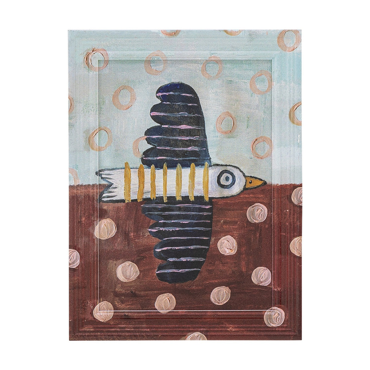 Wooden framed print of a stylised bird in flight with striped black-and-white body and scalloped wings, set against a pale ring-patterned top and dotted brown base.