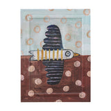 Wooden framed print of a stylised bird in flight with striped black-and-white body and scalloped wings, set against a pale ring-patterned top and dotted brown base.