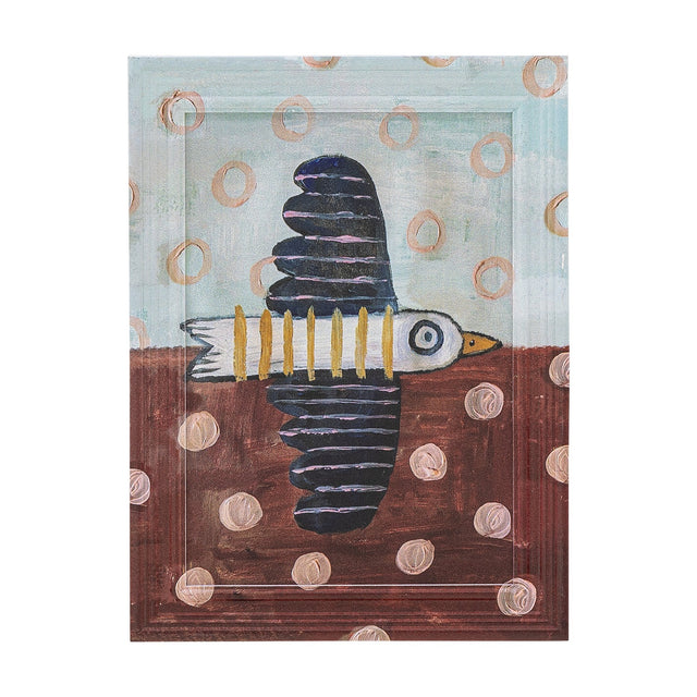 Wooden framed print of a stylised bird in flight with striped black-and-white body and scalloped wings, set against a pale ring-patterned top and dotted brown base.