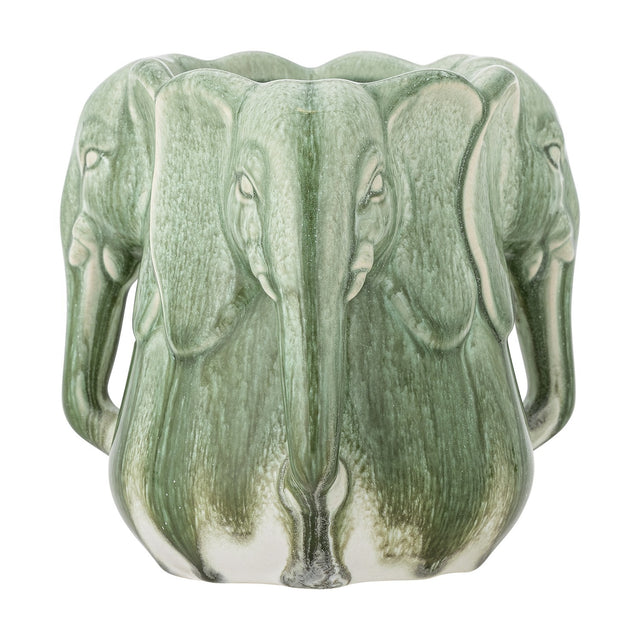 Pontus Stoneware Vase 15.5cm in green, sculpted as a ring of elephant heads with fanned ears and trunk handles curving to the base, scalloped rim, on a plain white background.