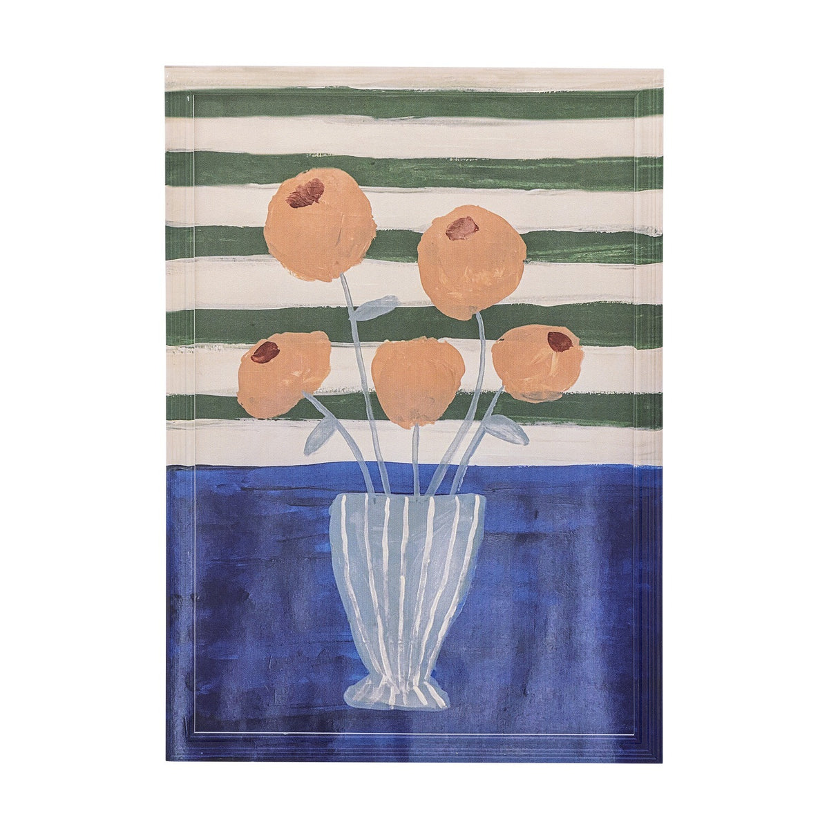 Florinda Wooden Framed Print in Multi, painterly still life of orange flowers in a striped vase against green and white stripes with a blue tabletop band.